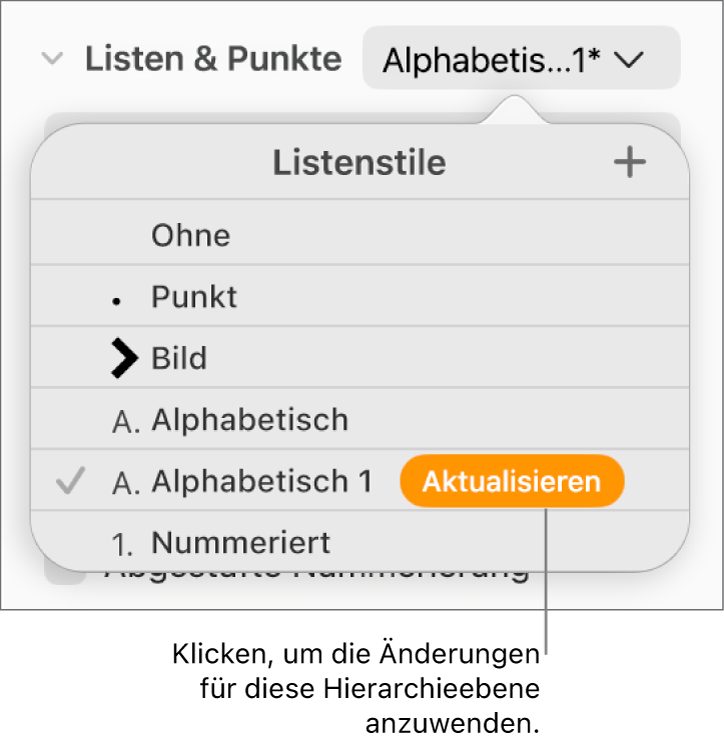 Das Einblendmenü „Listenstile“ mit einer Taste „Aktualisieren“ neben dem Namen des neuen Stils