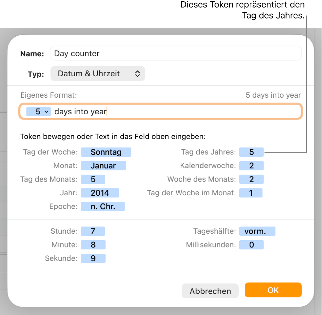 Das Fenster für ein eigenes Zellenformat mit Steuerelementen zum Auswählen eigener Datums- und Uhrzeitformatierung