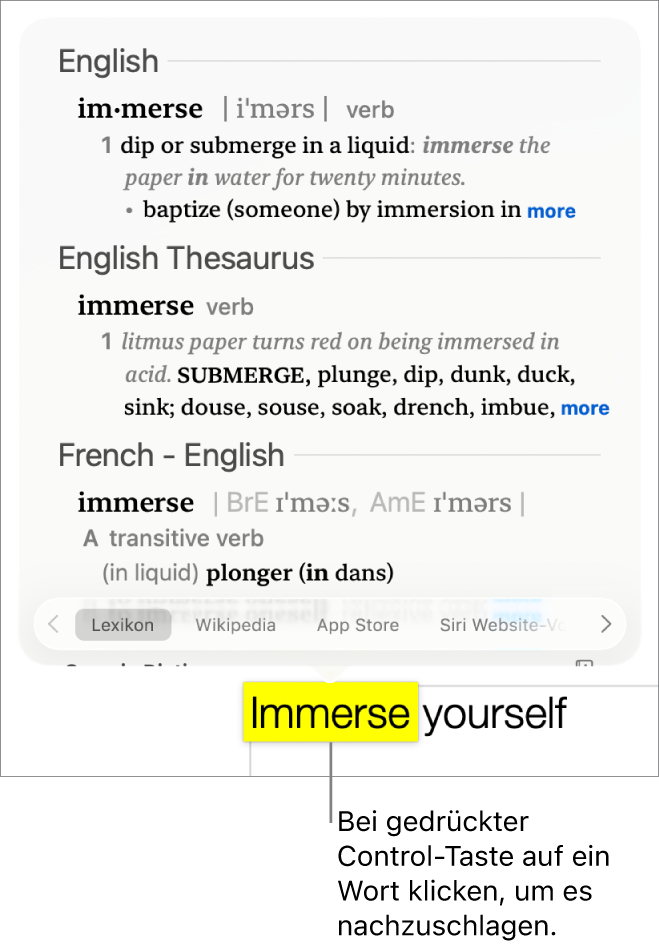 Ein Absatz, in dem ein Wort hervorgehoben ist. Ein Fenster zeigt die Definition des Wortes und einen Thesaurus-Eintrag. Tasten unten im Fenster stellen Links zum Lexikon, zu Wikipedia und von Siri vorgeschlagenen Websites bereit.