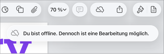Die Tasten oben auf dem Bildschirm, darunter die Taste „Zusammenarbeit“, die als mit einer diagonalen Linie durchgestrichenen Wolke dargestellt wird. Ein Hinweis auf dem Bildschirm besagt, dass du offline bist, aber weiterhin arbeiten kannst.