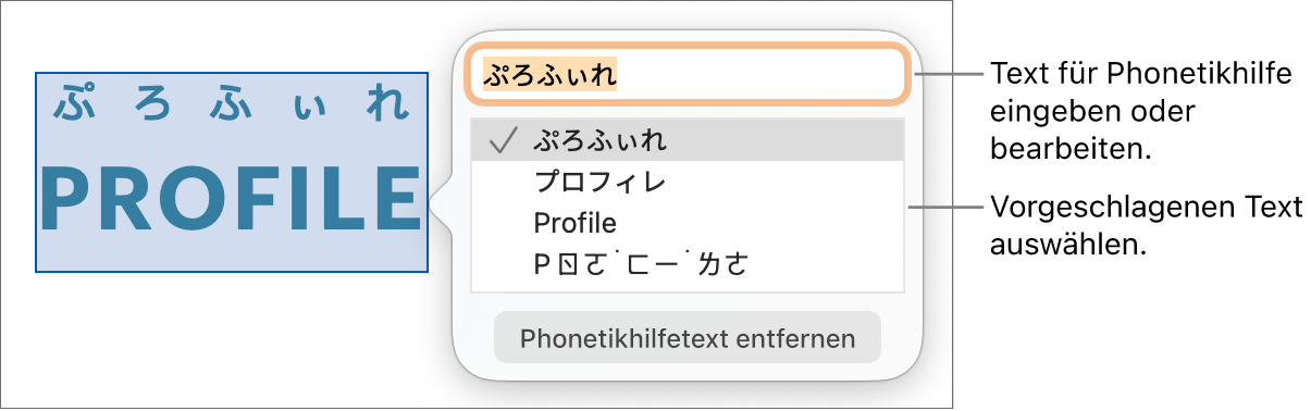 Die geöffnete Phonetikhilfe für ein Wort mit Beschreibungen für das Textfeld und einen Textvorschlag