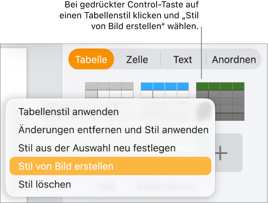 Das Kontextmenü für den Tabellenstil