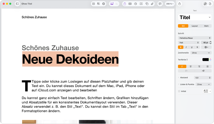 Ein geöffnetes Dokument mit der eingeblendeten Seitenleiste „Format“ und dem ausgewählten Tab „Text“.