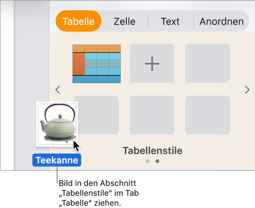 Ein Bild wird zum Bereich mit den Tabellenstilen gezogen, um einen neuen Stil zu erstellen