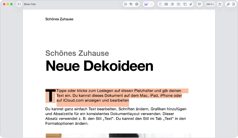 In einem geöffneten Dokument mit ausgewähltem Platzhaltertext der Vorlage.