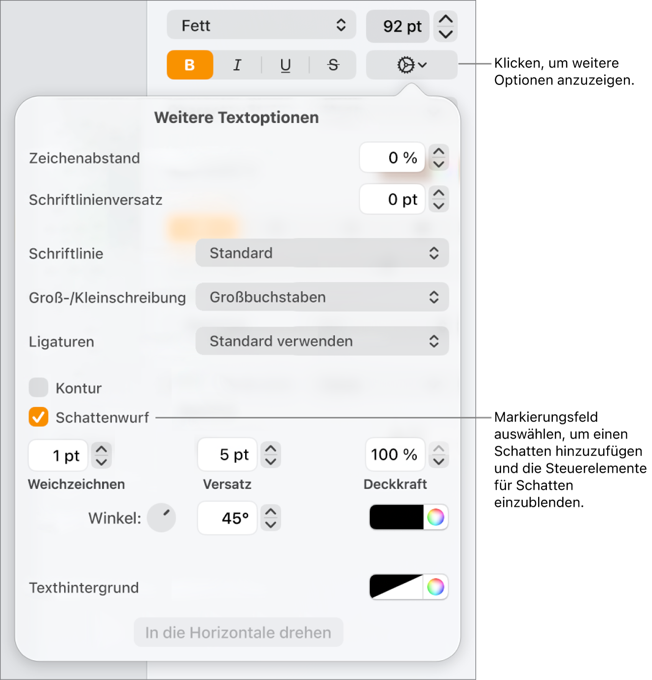 Das geöffnete Menü „Erweiterte Optionen“ mit der aktivierten Option „Schatten“ und Steuerelementen zum Konfigurieren von „Weichzeichnen“, „Versatz“, „Deckkraft“ und „Winkel“ sowie der Farbe.