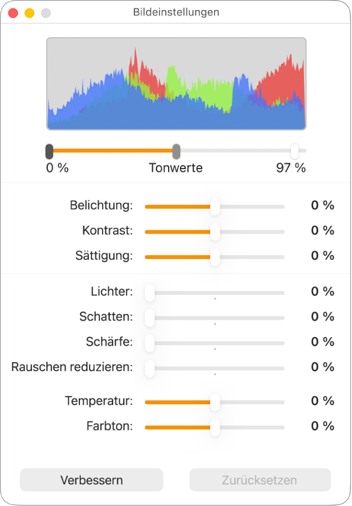 Fenster „Bildeinstellungen“ mit Reglern zum Einstellen von Belichtung, Kontrast, Sättigung, Glanzlichtern, Schatten, Schärfe, Rauschunterdrückung, Temperatur und Farbton