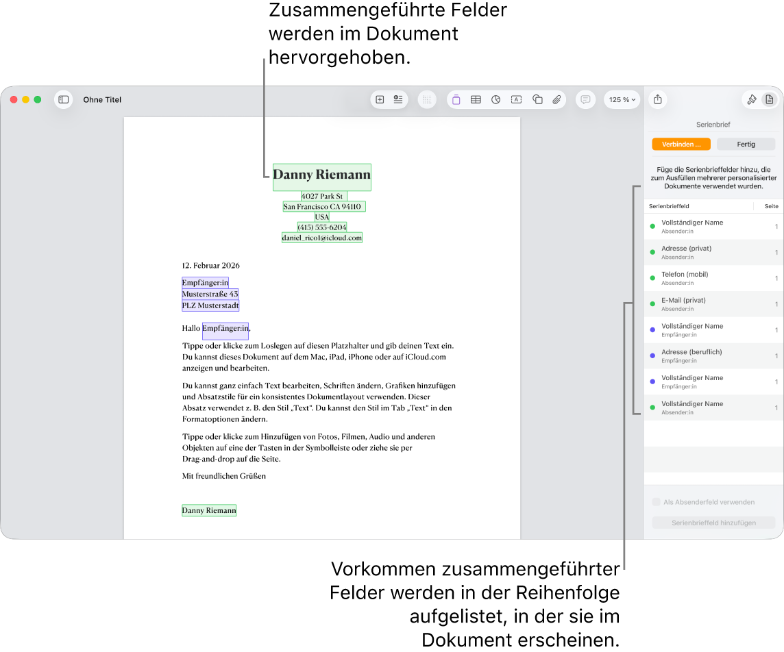 Pages-Dokument mit Serienbrieffeldern für Absender und Empfänger sowie der Liste der Serienbrieffeld-Instanzen in der Seitenleiste „Dokument“.