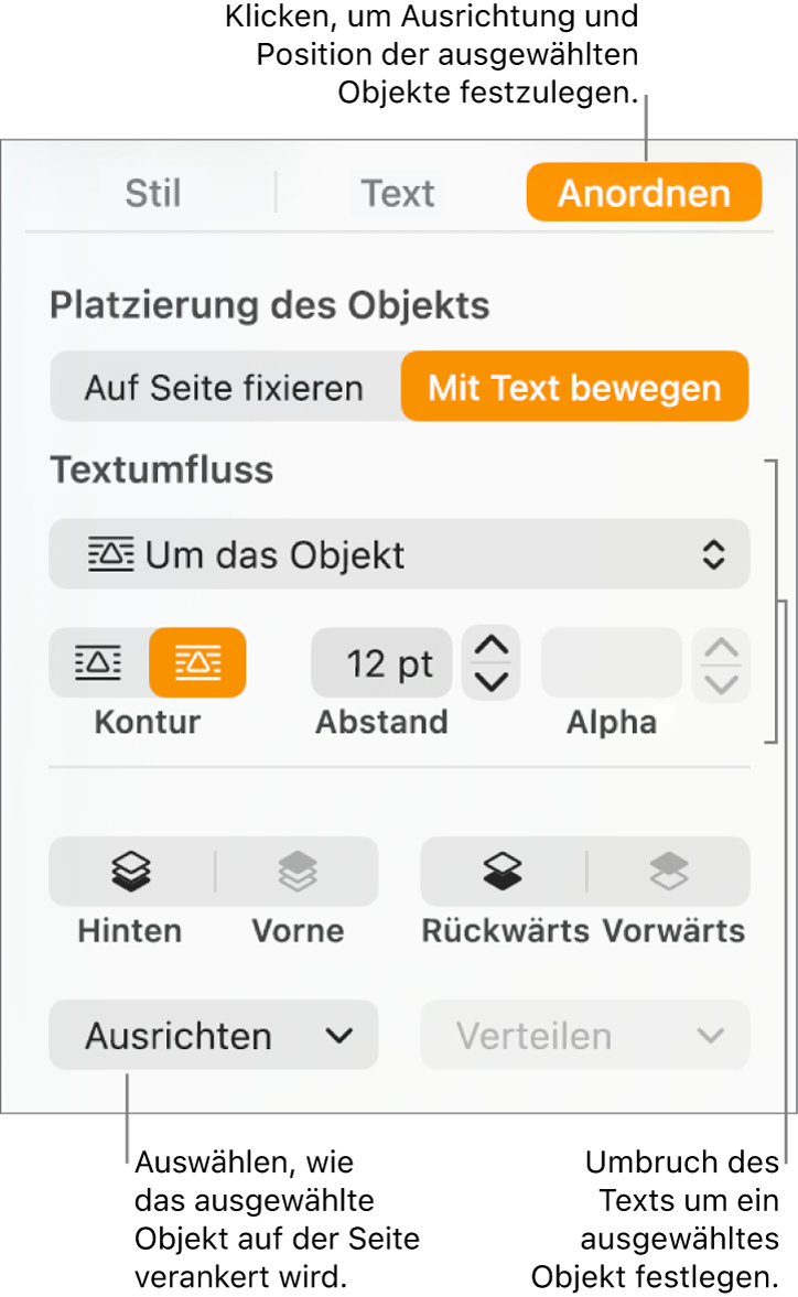 Das Menü „Format“ mit der angezeigten Seitenleiste „Anordnen“. Die Einstellungen „Platzierung des Objekts“ ganz oben in der Seitenleiste „Anordnen“ mit den Einstellungen „Textumbruch“ unten