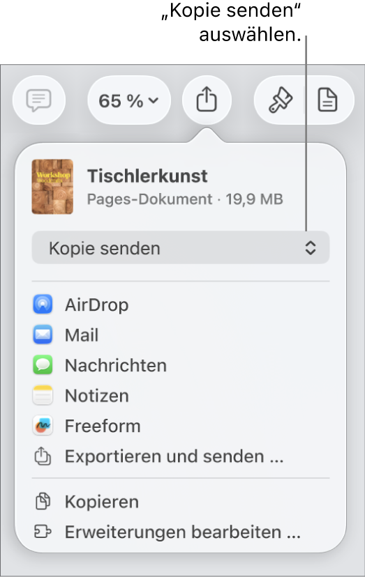 Das Menü „Teilen“, in dem „Kopie senden“ oben ausgewählt ist.