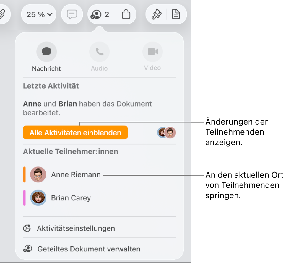 Das Menü „Zusammenarbeiten“, in dem zwei aktuelle Teilnehmer:innen aufgelistet sind.