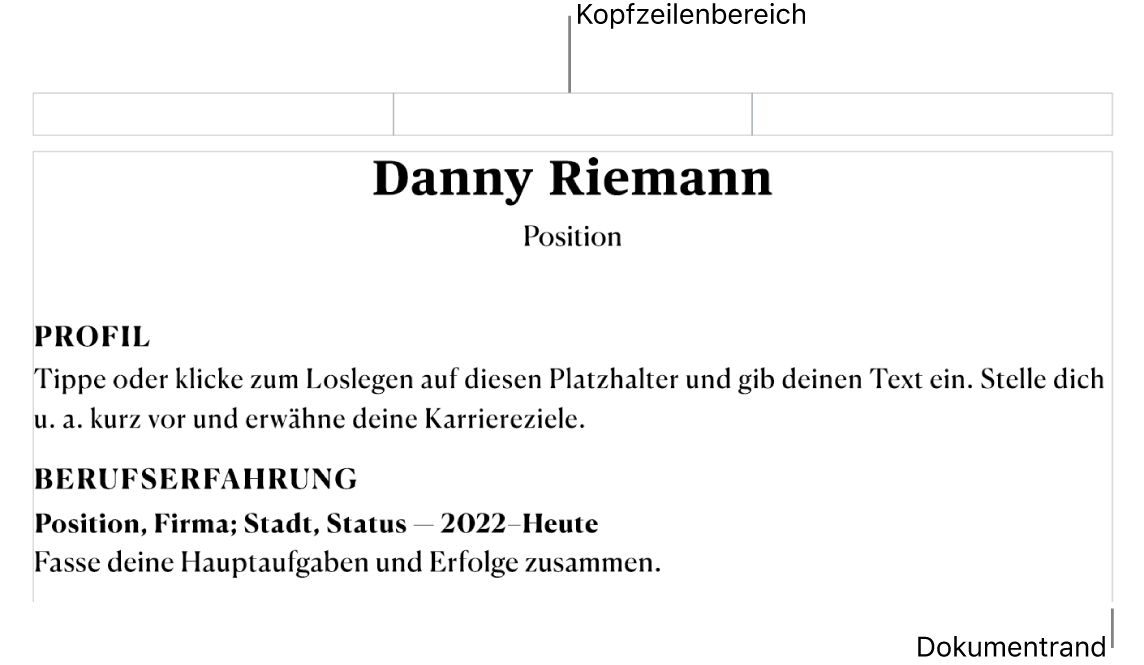Layoutdarstellung zeigt den Kopfzeilenbereich und die Dokumentränder.