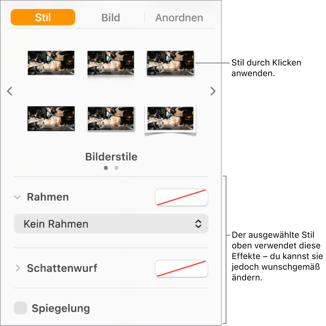 Der Tab „Stil“ der Seitenleiste „Format“ mit Optionen für Objektstile