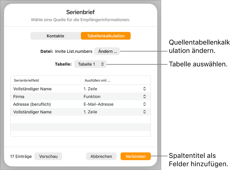 Die geöffnete Vorschaubereich für Serienbrieffelder mit Optionen zum Ändern der Quelldatei oder -Tabelle, Anzeigen einer Vorschau der Serienbrieffeld-Namen oder Hinzufügen der Spaltenüberschriften als Felder.