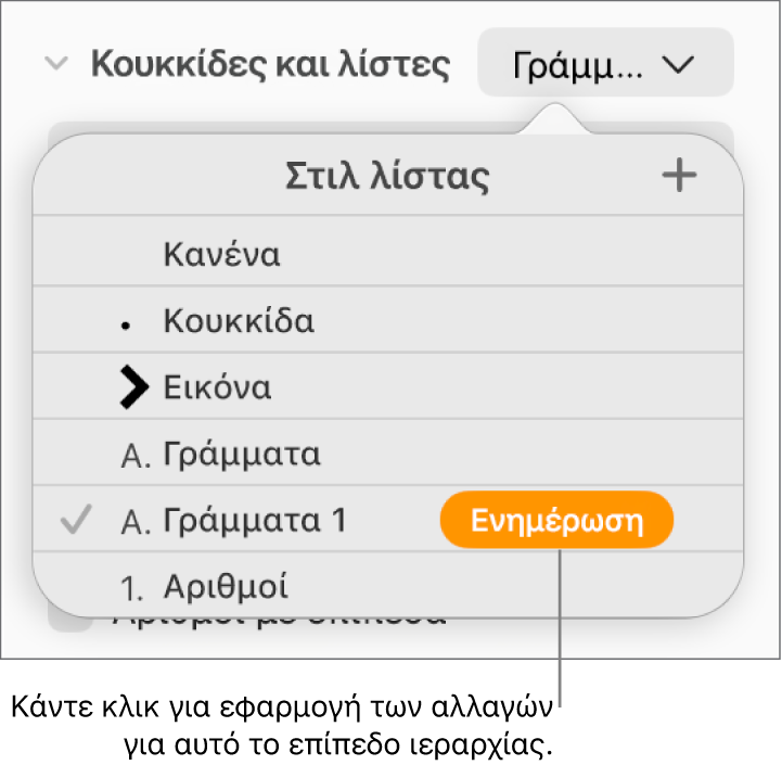 Το αναδυόμενο μενού «Στιλ λίστας» με ένα κουμπί «Ενημέρωση» δίπλα στο όνομα του νέου στιλ.