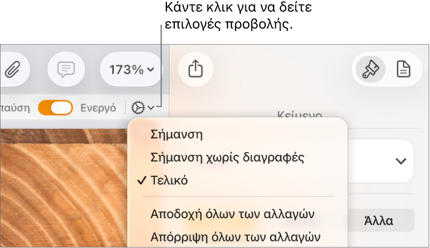 Το μενού επιλογών αναθεώρησης με ορατές τις επιλογές «Σήμανση», «Σήμανση χωρίς διαγραφές» και «Τελική».