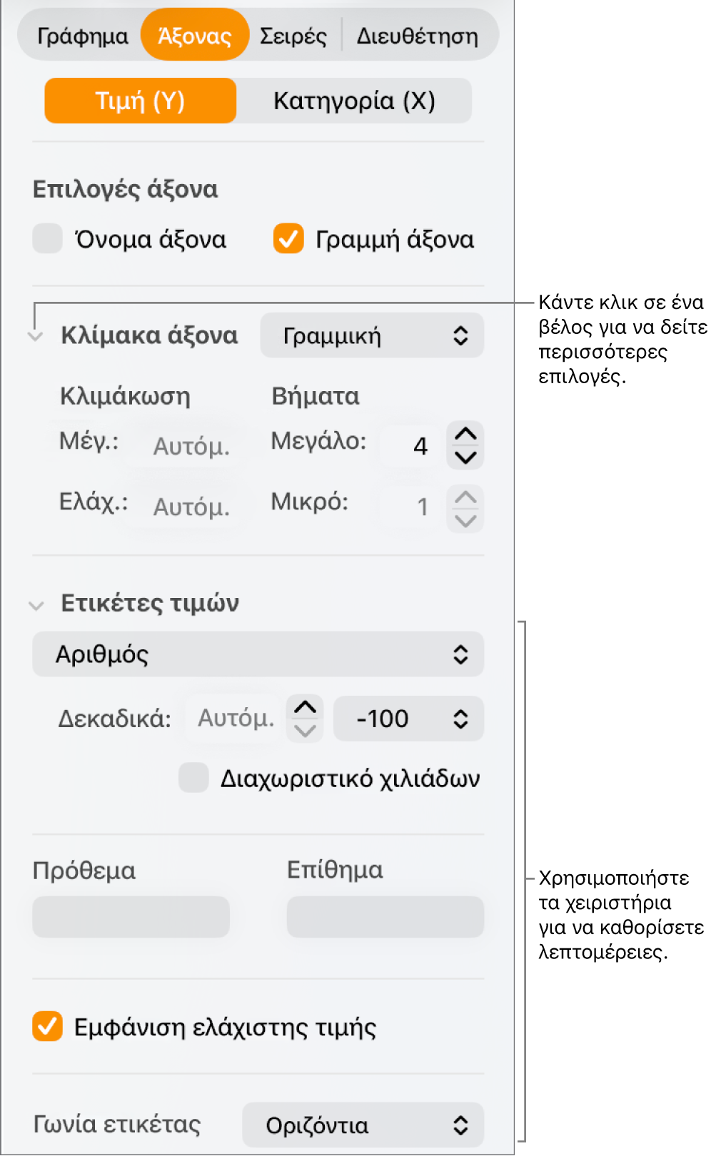 Στοιχεία ελέγχου για τη μορφοποίηση των ενδείξεων άξονα γραφήματος.