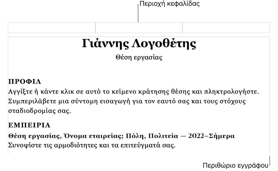 Η προβολή «Διάταξη» όπου φαίνονται η περιοχή κεφαλίδας και τα περιθώρια του εγγράφου.