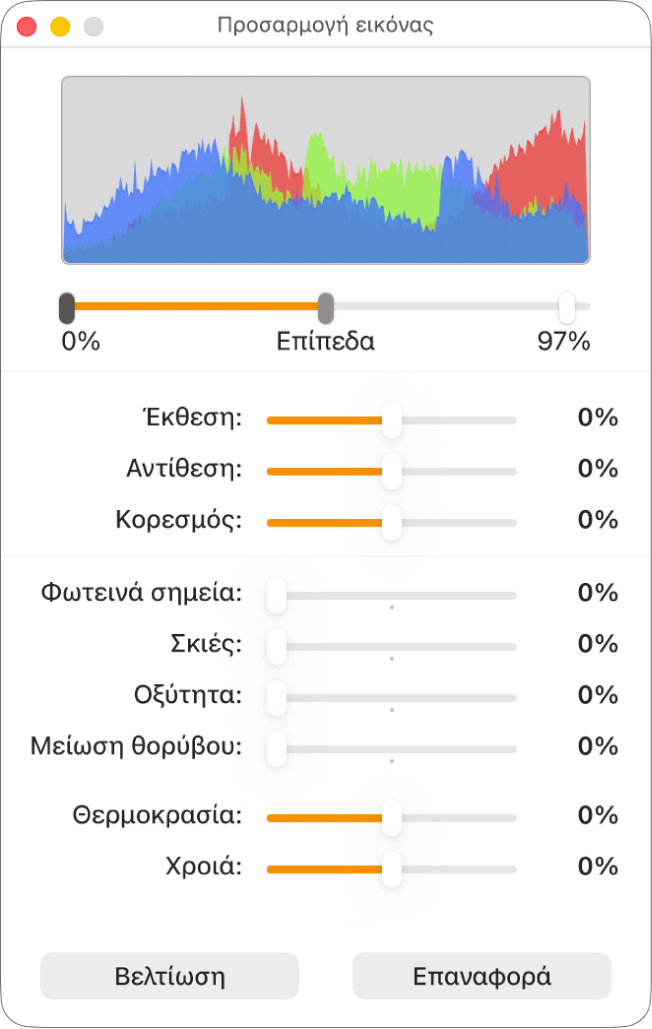 Το παράθυρο «Προσαρμογή εικόνας» με ρυθμιστικά για τον καθορισμό έκθεσης, αντίθεσης, κορεσμού, επισημάνσεων, σκιών, ευκρίνειας, αφαίρεσης θορύβου, θερμοκρασίας και χροιάς.