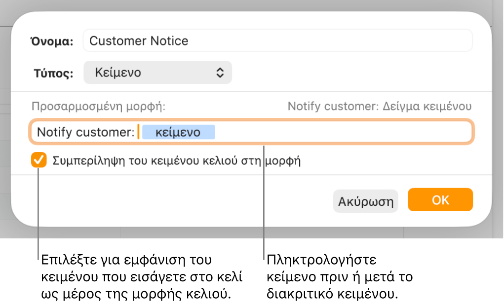 Το παράθυρο προσαρμοσμένης μορφής κελιού με στοιχεία ελέγχου για την επιλογή προσαρμοσμένης μορφοποίησης κειμένου.