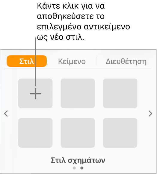 Η καρτέλα «Στιλ» στην πλαϊνή στήλη «Μορφή», με το κουμπί «Δημιουργία στιλ» στην πάνω αριστερή γωνία και πέντε κενά δεσμευτικά θέσης στιλ.