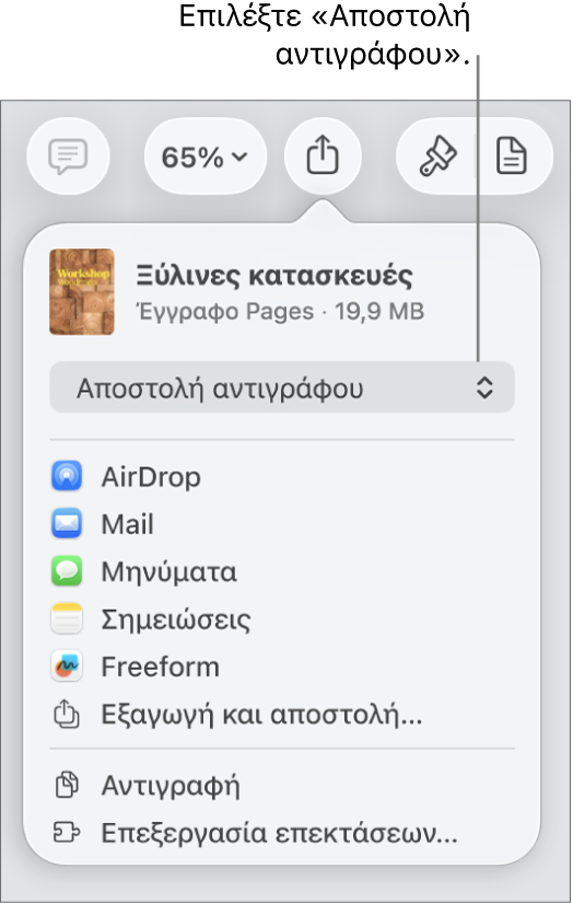 Το μενού «Κοινή χρήση» με επιλεγμένη την «Αποστολή αντιγράφου» στο πάνω μέρος.