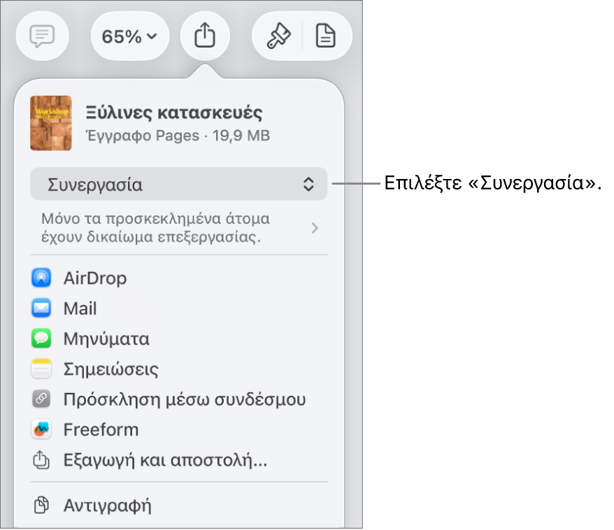 Το μενού «Κοινή χρήση» με επιλεγμένη τη «Συνεργασία» στο πάνω μέρος, και ρυθμίσεις πρόσβασης και δικαιωμάτων από κάτω.