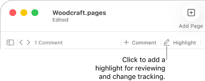 The menu bar showing the Insert menu and below it, the Pages toolbar with review tools showing, and a call out to the Highlight button.
