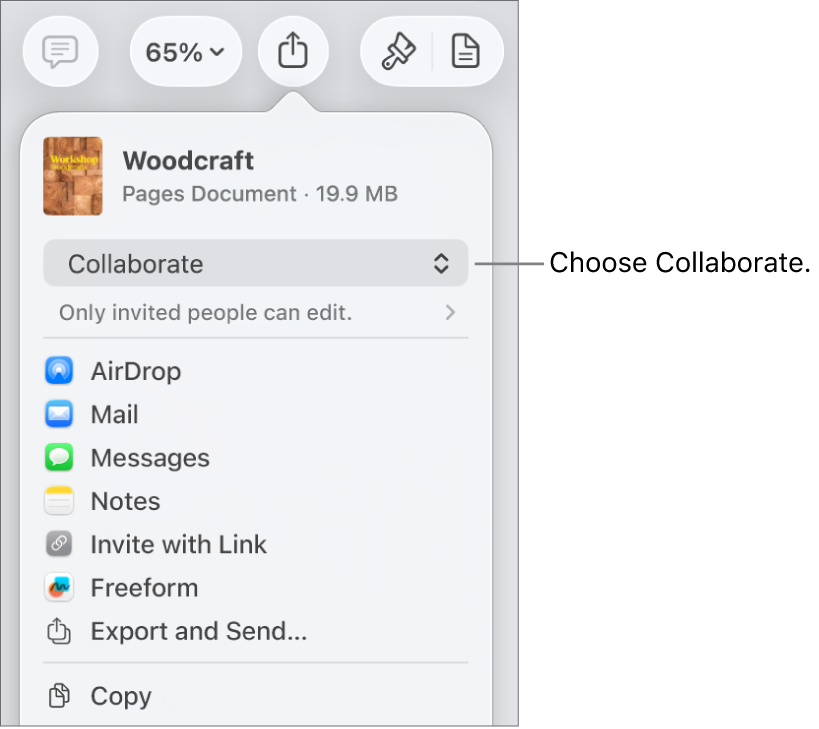 The Share menu with Collaborate selected at the top, and access and permission settings underneath.