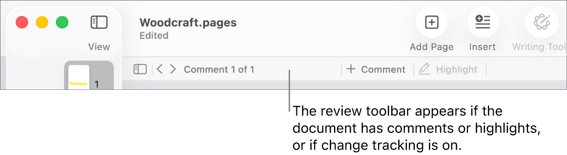 Pages toolbar at the top of the screen with buttons across the top for View, Zoom, Add Page, Insert, Table, Chart, Text, Shape, Media and Comment. Below the Pages toolbar is the review toolbar with hide or show comments button, arrows to go to previous or next comment, total number of comments, and add comment or highlight buttons.