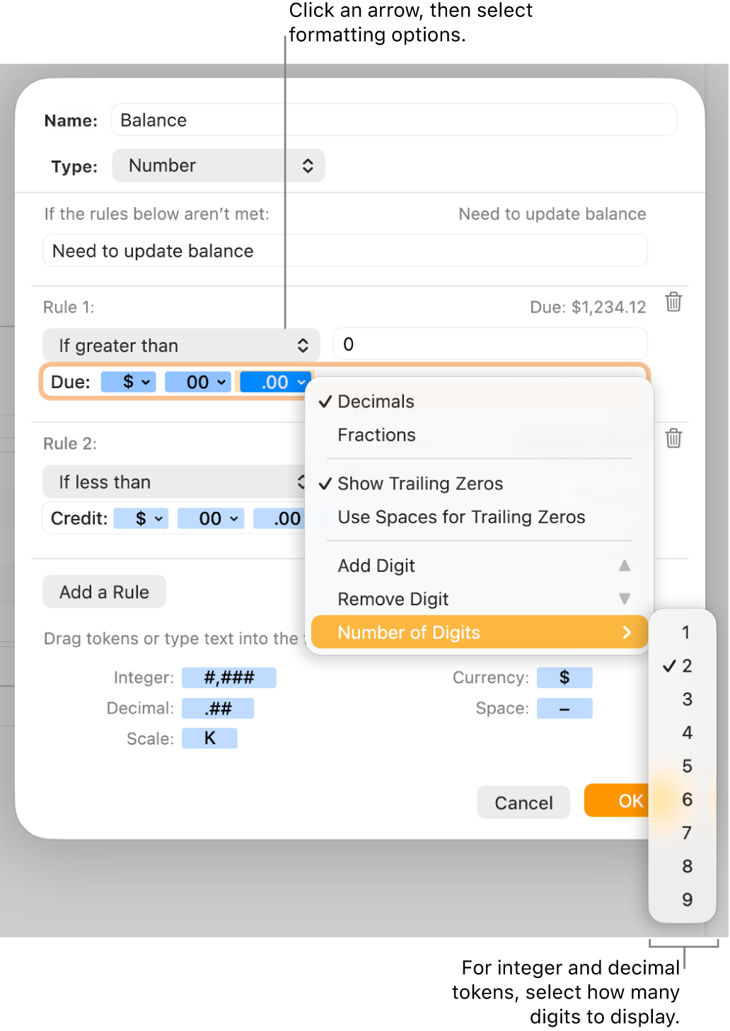 The custom cell format window with controls for choosing custom formatting options.