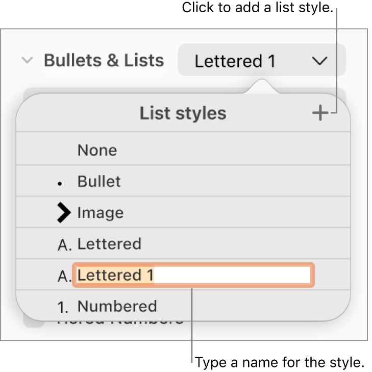 The List Styles pop-up menu with an Add button in the top-right corner and a placeholder style name with its text selected.