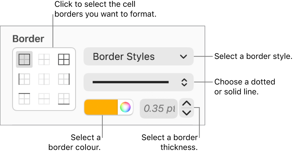 Controls for styling cell borders.