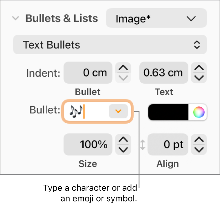 The Bullets & Lists section of the Format sidebar. The Bullet field shows a flower emoji.