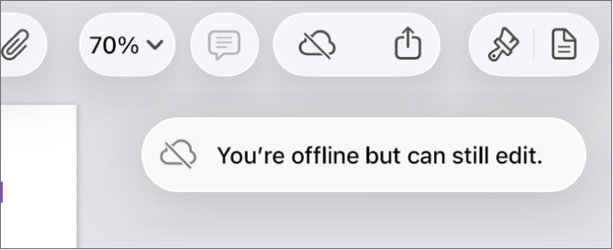 The buttons at the top of the screen, with the Collaboration button changed to a cloud with a diagonal line through it. An alert on the screen says “You’re offline but can still edit”.