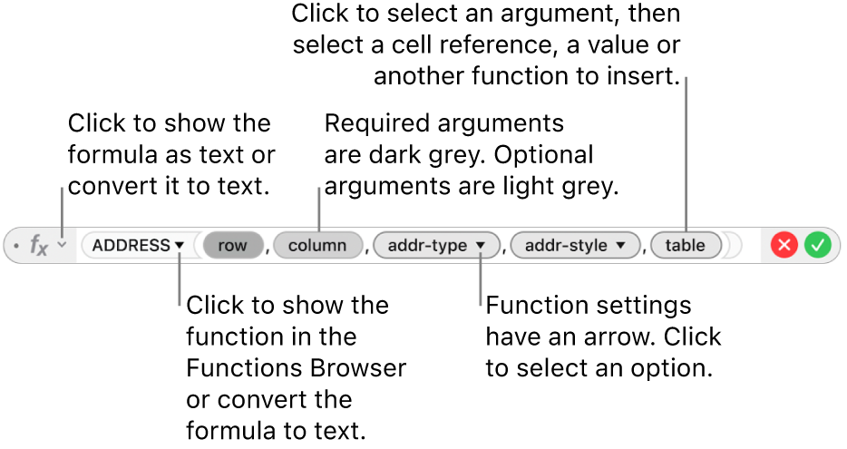 The Formula Editor showing the ADDRESS function and its argument tokens.