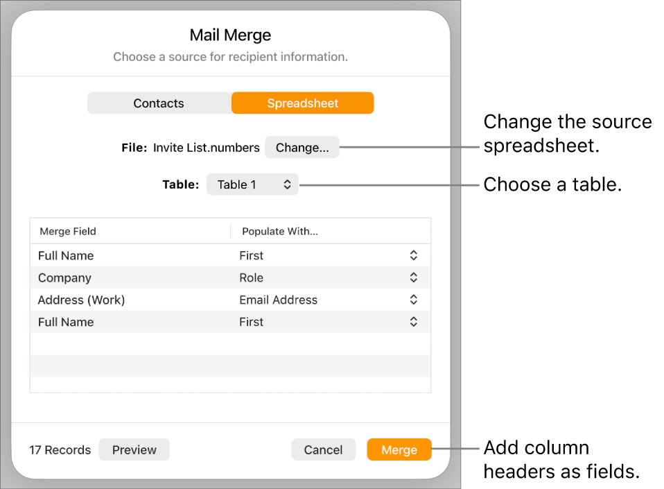 Preview Merge Fields pane open, with options to change the source file or table, preview the merge field names or add the column headers as fields.