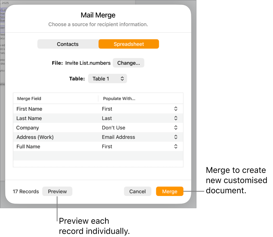 Mail Merge pane open, with options to change the source file or table, preview the merge field names or individual records or merge the document.