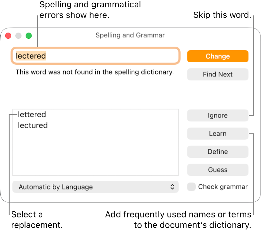 The Spelling and Grammar window.