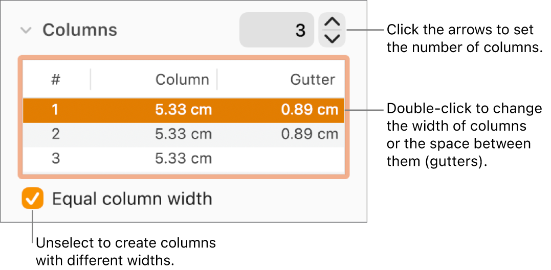 Layout pane of the Format inspector, showing columns controls.