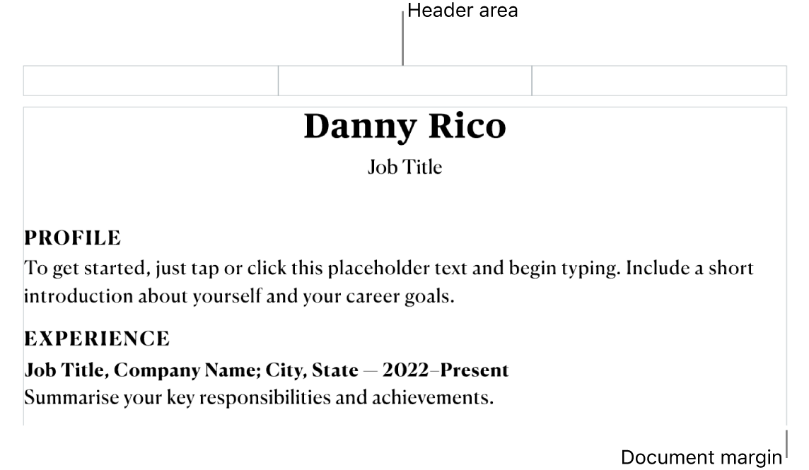 The layout view showing header area and document margins.
