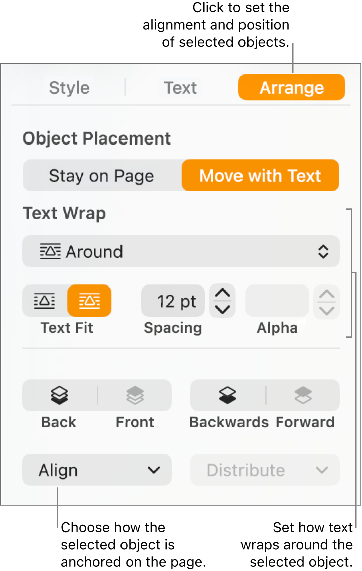 The Format menu with the Arrange sidebar displayed. The Object Placement settings are at the top of the Arrange sidebar with the Text Wrap settings below.