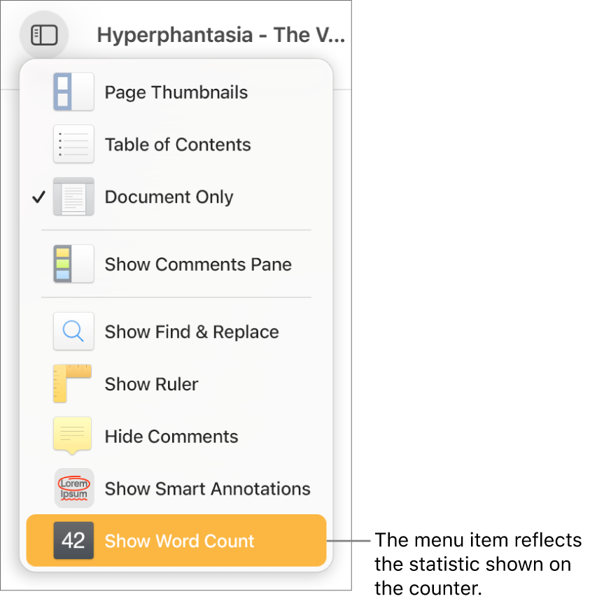 The View menu open with Show Character Count near the bottom.