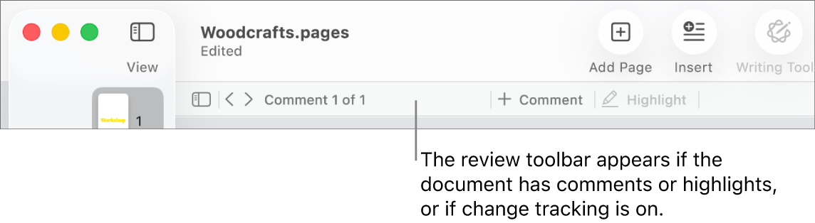 Pages toolbar at the top of the screen with buttons across the top for View, Zoom, Add Page, Insert, Table, Chart, Text, Shape, Media and Comment. Below the Pages toolbar is the review toolbar with hide or show comments button, arrows to go to previous or next comment, total number of comments, and add comment or highlight buttons.