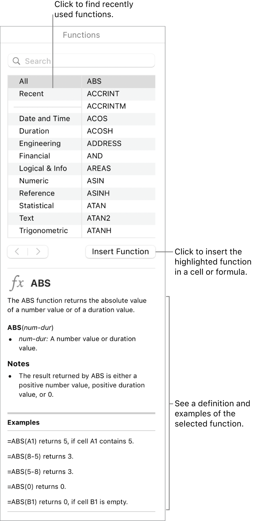 The Function Browser with callouts to recently used functions, the Insert Function button and the function definition.
