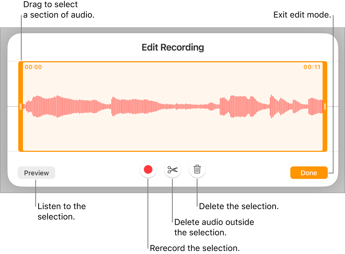 Controls for editing recorded audio. Handles indicate the selected section of the recording, and Preview, Record, Trim, Delete and Edit Mode buttons are below.