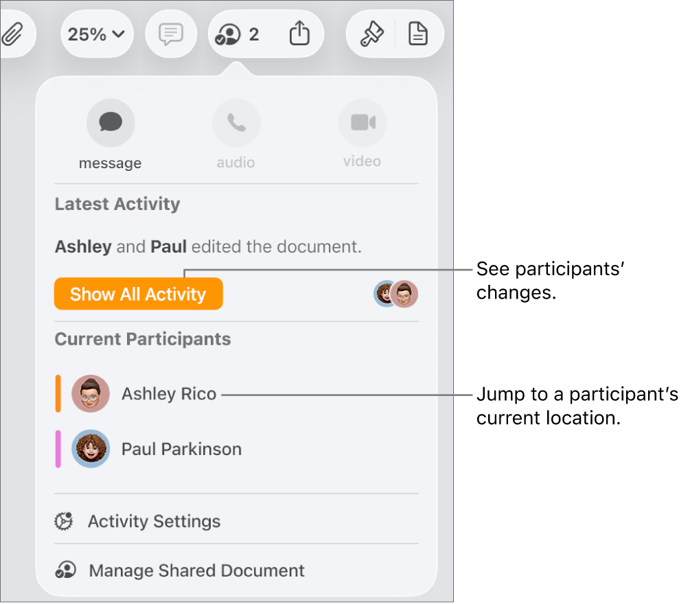 The collaboration menu with two current participants listed.