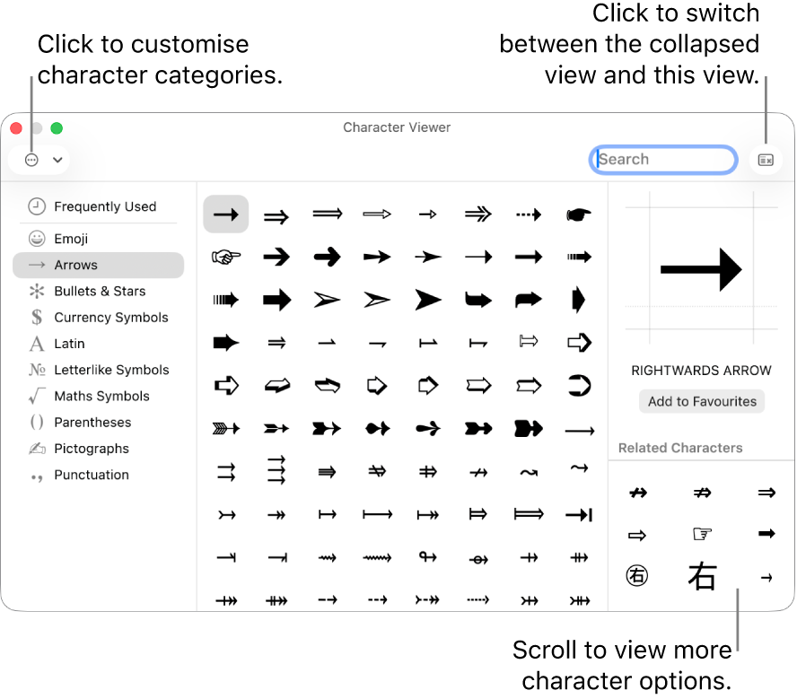 The expanded Character Viewer showing special characters and symbols, a menu for different categories of symbols on the left and a button in the top-right corner that allows you to return to the collapsed view.