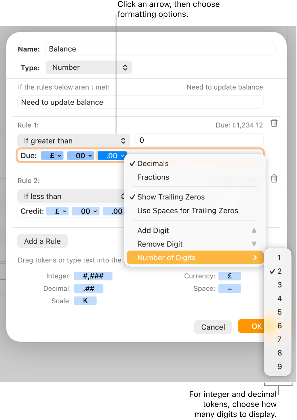 The custom cell format window with controls for choosing custom formatting options.