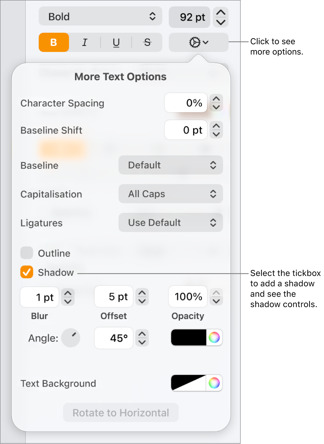 The Advanced Options menu open with the Shadows tickbox selected and controls for setting blur, offset, opacity, angle and colour.